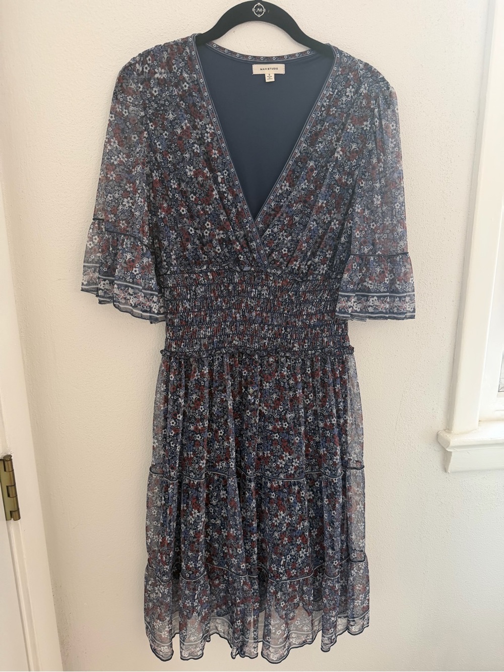 Max Studio Navy Floral Smocked Midi Dress